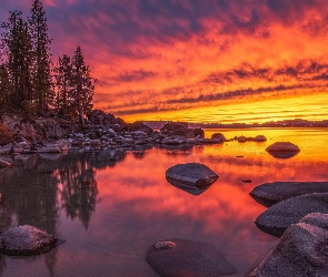 Skały, Kolorowe, Lake Tahoe, Jezioro, Stany Zjednoczone, Zachód słońca, Niebo, Kalifornia, Kamienie