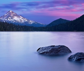 Stan Oregon, Stratowulkan Mount Hood, Lost Lake, Stany Zjednoczone, Góra, Jezioro, Kamienie