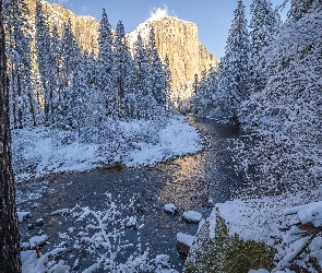 Zima, Kalifornia, Rzeka Merced, Stany Zjednoczone, Park Narodowy Yosemite, Drzewa, Śnieg, Góra, Half Dome