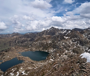 Dolina Aston, Góry, Francja, Etangs de Fontargente, Śnieg, Jeziora, Niebo, Pireneje