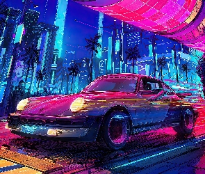 Neony, Ulica, Cyberpunk 2077, Gra, Porsche, Ludzie