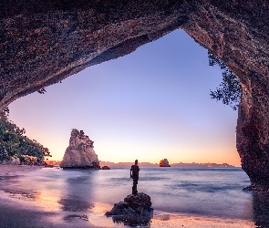 Jaskinia, Skały, Cathedral Cove, Morze, Region Waikato, Człowiek, Nowa Zelandia, Półwysep Coromandel