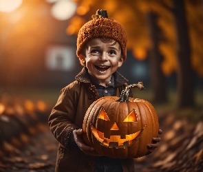 Grafika, Halloween, Chłopiec, Dynia