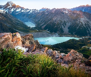 Jeziora, Skały, Góry, Mueller Lake, Park Narodowy Góry Cooka, Tasman Lake, Nowa Zelandia, Roślinność