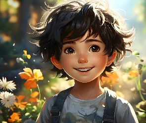 Chłopiec, 2D, Kwiaty, Twarz, Dziecko