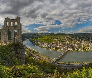 Ruiny, Domy, Traben Trarbach, Chmury, Panorama, Niemcy, Rzeka Mozela
