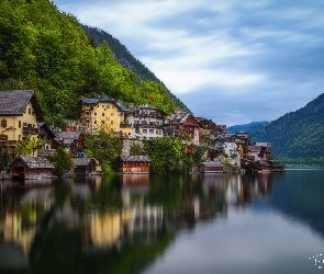 Austria, Góry, Domy, Jezioro, Hallstatt