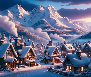 Grafika, Śnieg, Góry, Zima, Domy, Dolina