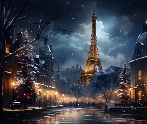 Miasto, Boże Narodzenie, Zima, , Światła, Wieża Eiffla, Drzewa, Latarnie, Domy, Paryż, Niebo, Francja, Choinki