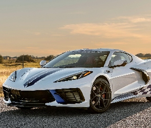 Hennessey Supercharge H700, Pobocze, Chevrolet C8 Corvette Stingray, Przód, Niebo, Biały, 2023, Łąka