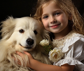 Pies, Biały, Biała, Dziewczynka, Sukienka, Kwiaty