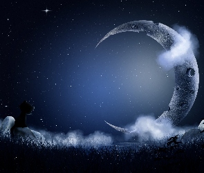 Kot, Księżyc, Niebo, 2D, Chmury, Noc, Gwiazdy