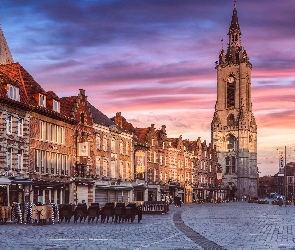 Miasto, Belfry of Tournai, Belgia, Dzwonnica, Plac, Tournai, Wieczór, Domy