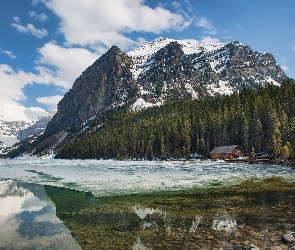 Jezioro, Park Narodowy Banff, Dom, Kanada, Drzewa, Kamienie, Lake Louise, Góry Skaliste, Śnieg