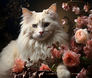 Długowłosy, Róże, Kwiaty, Kot, Biały