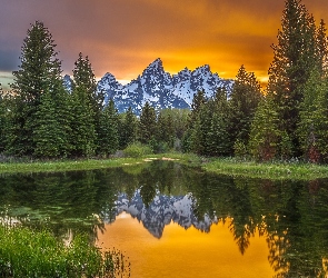 Stany Zjednoczone, Park Narodowy Grand Teton, Zachód słońca, Stan Wyoming, Teton Range, Góry, Rzeka, Snake River, Drzewa, Odbicie