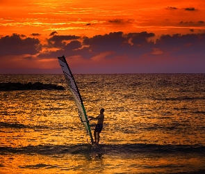 Surfing, Windsurfing, Morze, Deska, Słońca, Mężczyzna, Zachód
