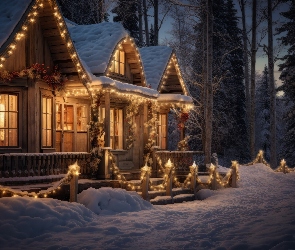 Drzewa, Las, Boże Narodzenie, Zima, Dom, Dekoracje