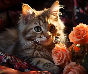 Kot, Róże, Pomarańczowe, Kwiaty, Puszysty