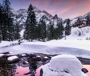 Tatry, Zima, Domy, Drzewa, Góry