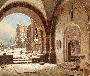 Obraz, Ruiny, Kościół, Carl Hasenpflug, Malarstwo