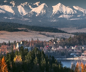 Tatry, Domy, Góry, Drzewa, Niedzica, Rzeka, Polska, Zamek Niedzica