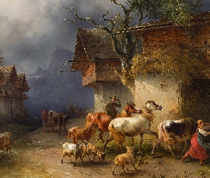 Malarstwo, Kobieta, Krowy, Zwierzęta, Konie, Obora, Obraz, Friedrich Gauermann, Domy