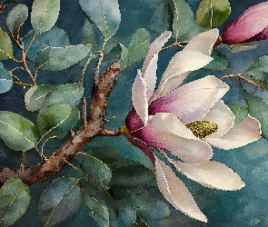 Gałązka, Malarstwo, Magnolia, Kwitnąca, Krzew