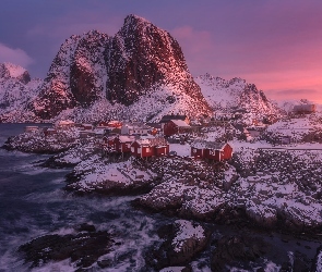Góry, Skały, Norwegia, Wioska Reine, Zima, Lofoty, Zachód słońca, Domy