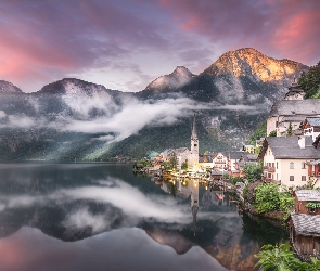 Mgła, Domy, Hallstatt, Austria, Góry Alpy Salzburskie, Jezioro Hallstattersee