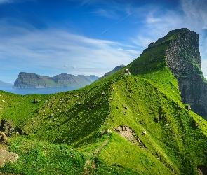 Latarnia morska, Góry, Wyspy Owcze, Kallur Lighthouse, Kalsoy, Dania, Wyspa