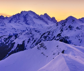 Góry, Zachód słońca, Zima, Dolomity, Włochy