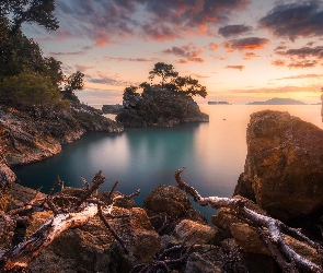 Liguria, Drzewa, Morze, Włochy, Kamienie, Zachód słońca, Skały