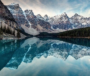Kanada, Las, Góry, Odbicie, Canadian Rockies, Moraine Lake, Alberta, Park Narodowy Banff, Jezioro