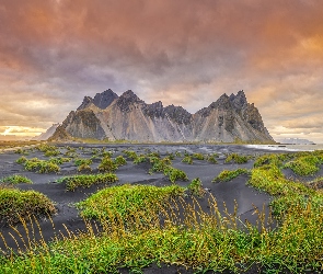 Góry, Czarny, Islandia, Plaża, Trawa, Góra Vestrahorn, Niebo, Piasek