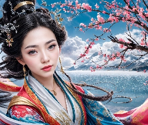 Grafika, Gałązki, Azjatka, Kobieta, Kimono, Okwiecone