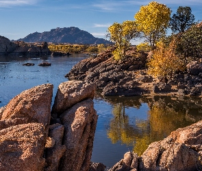 Stany Zjednoczone, Skały, Willow Lake, Drzewa, Zachód słońca, Jezioro, Arizona, Hrabstwo Yavapai, Prescott