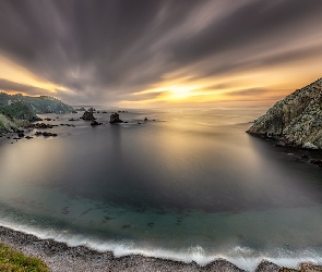 Morze, Asturia, Plaża, Hiszpania, Playa del Silencio, Wybrzeże, Zatoka, Zachód słońca, Skały