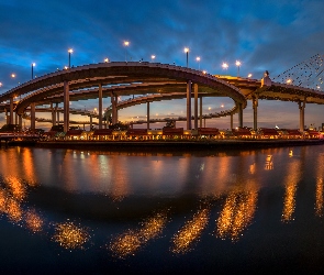 Noc, Rzeka Menam, Bangkok, Tajlandia, Most, Bhumibol Bridge 2