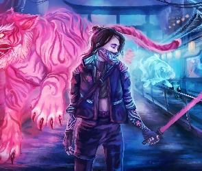 Ryba, Tygrys, Cyberpunk 2077, Gra, Kobieta, Miecz