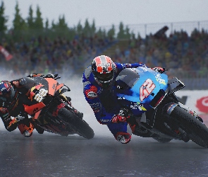 Plakat, Trybuny, Tor, Wyścig, Motocykle, MotoGP 21, Suzuki, KTM, Gra, Motocykliści