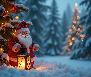 Grafika, Śnieg, Choinka, Mikołaj, Lampion, Zima