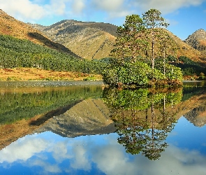 Szkocja, Odbicie, Glen Etive, Góry, Jezioro, Drzewa