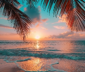Chmury, Zachód słońca, Fale, Morze, Plaża, Palmy