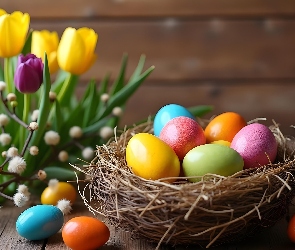 Deski, Tulipany, Kolorowe, Wielkanoc, Pisanki, Gniazdo