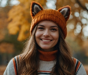 Uśmiech, Jesień, Park, Czapka, Dziewczyna