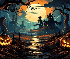Grafika, Halloween, Drzewa, Dynie, Noc, Zamki