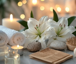 SPA, Białe, Świeca, Lilie, Szczotka, Kamienie, Białe, Ręczniki, Olejki