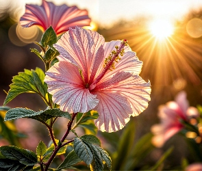 Kwiat, Grafika, Promienie słońca, Liście, Hibiskus