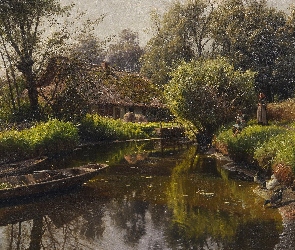 Malarstwo, Kaczki, Drzewa, Dom, Łódki, Rzeka, Obraz, Peder Mork Monsted, Wieś